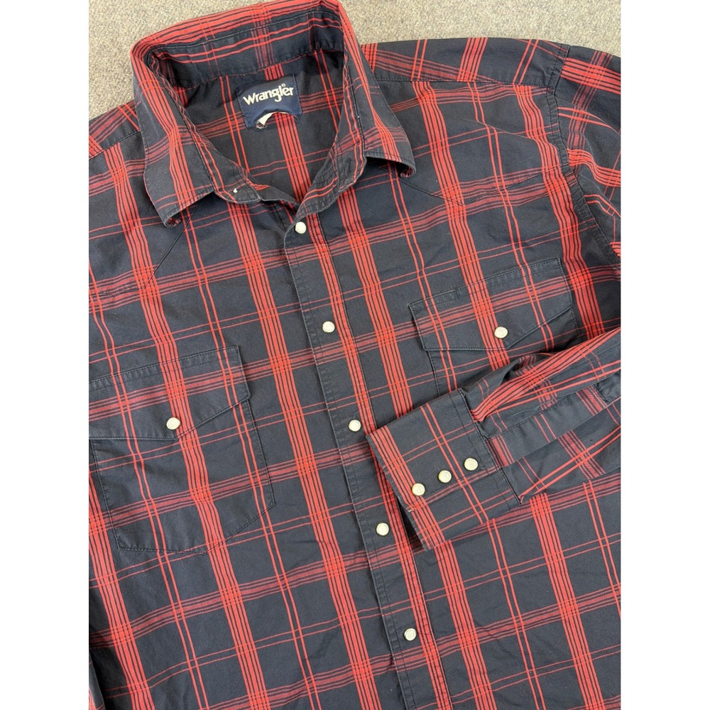 Wrangler Western Shirt Mens XL Navy Red Plaid Pearl Snap‎ Long Sleeve VTG Cowboy